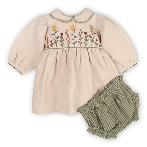 Floral Linen Peter Pan Baby Dress & Fancy Bloomers