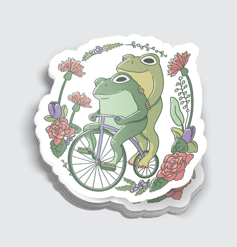 Cottagecore Frogs Riding A Bicycle Sticker - 3"